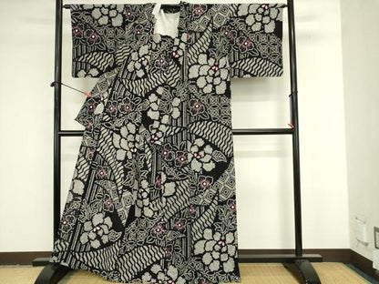 平和屋着物∴夏物　浴衣　有松鳴海絞り　吉祥花文　黒地　綿　逸品　DABJ5609qp