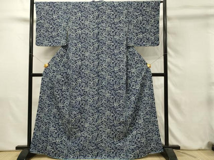 平和屋着物●無形文化財　森卯一　本藍　型絵染　小紋　草花松文　正絹　逸品　未使用　DABJ5630qp