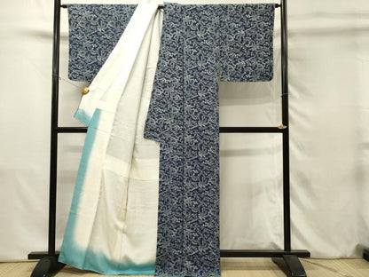 平和屋着物●無形文化財　森卯一　本藍　型絵染　小紋　草花松文　正絹　逸品　未使用　DABJ5630qp