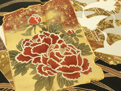 平和屋着物■豪華黒留袖　駒刺繍　色紙重ね飛鶴花文　牡丹　金彩　正絹　逸品　DABJ5653qp