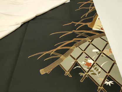 平和屋着物■豪華黒留袖　駒刺繍　色紙重ね飛鶴花文　牡丹　金彩　正絹　逸品　DABJ5653qp
