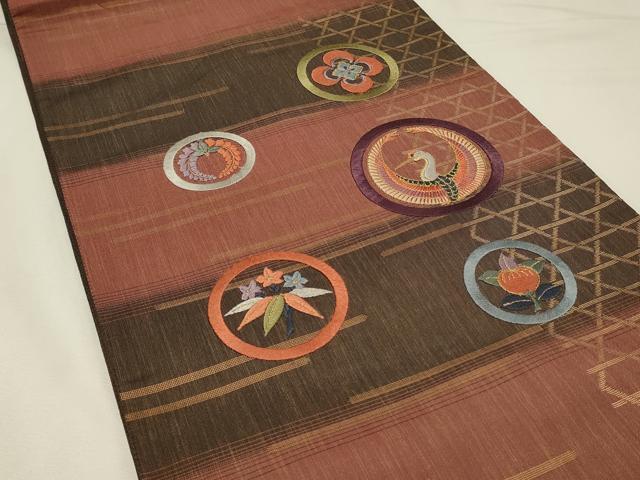 平和屋着物◎太鼓柄袋帯　総刺繍　ボストン美術館　花鳥丸文　金糸　正絹　逸品　DABJ5702qp