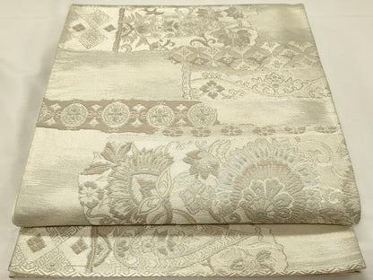 平和屋着物◎西陣　六通柄袋帯　横段更紗花文　銀糸　正絹　逸品　DABJ5713qp