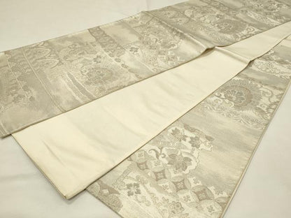 平和屋着物◎西陣　六通柄袋帯　横段更紗花文　銀糸　正絹　逸品　DABJ5713qp