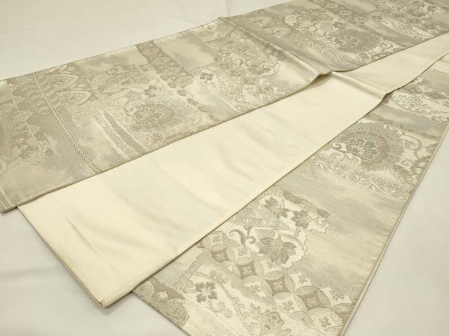 平和屋着物◎西陣　六通柄袋帯　横段更紗花文　銀糸　正絹　逸品　DABJ5713qp