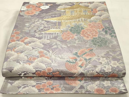 平和屋着物◎六通柄袋帯　九百緞子織　鴛鴦　風景花松文　金銀糸　正絹　逸品　DABJ5718qp