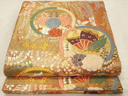 平和屋着物◎佐賀錦　六通柄袋帯　唐織　芝垣秀花文　金糸　正絹　逸品　DABJ5720qp
