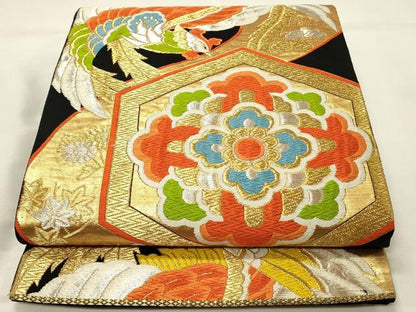 平和屋着物◎六通柄袋帯　唐織　鳳凰亀甲花文　黒地　金銀糸　正絹　逸品　DABJ5734qp