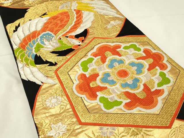 平和屋着物◎六通柄袋帯　唐織　鳳凰亀甲花文　黒地　金銀糸　正絹　逸品　DABJ5734qp