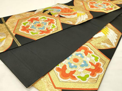 平和屋着物◎六通柄袋帯　唐織　鳳凰亀甲花文　黒地　金銀糸　正絹　逸品　DABJ5734qp