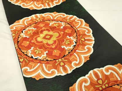 平和屋着物◎西陣　六通柄袋帯　正倉院花文　黒地　金糸　証紙付き　正絹　逸品　DABJ5742qp