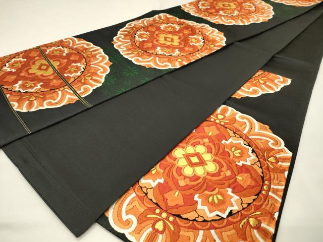 平和屋着物◎西陣　六通柄袋帯　正倉院花文　黒地　金糸　証紙付き　正絹　逸品　DABJ5742qp