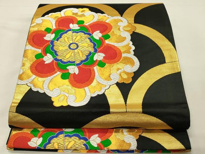 平和屋着物◎六通柄袋帯　唐織　正倉院花唐草文　黒地　金糸　正絹　逸品　DABJ5743qp