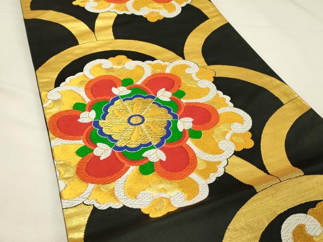 平和屋着物◎六通柄袋帯　唐織　正倉院花唐草文　黒地　金糸　正絹　逸品　DABJ5743qp