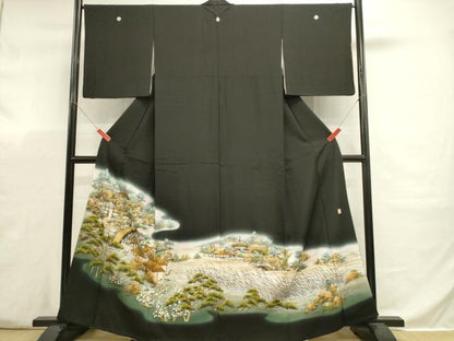 平和屋着物■豪華黒留袖　作家物　渡橋風景花松文　暈し染め　金彩　正絹　逸品　DABJ5798qp