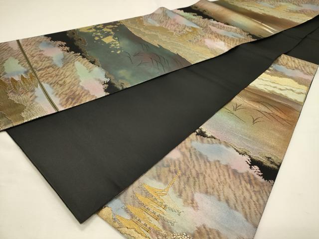 平和屋着物◎六通柄袋帯　遠山風景文　三彩錦　黒地　金糸　引箔　正絹　逸品　DABJ5914qp