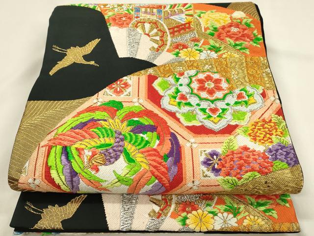 平和屋着物◎六通柄袋帯　唐織　地紙御所車鳳凰花文　黒地　金銀糸　正絹　逸品　DABJ5944qp