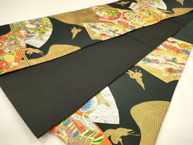 平和屋着物◎六通柄袋帯　唐織　地紙御所車鳳凰花文　黒地　金銀糸　正絹　逸品　DABJ5944qp