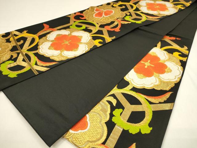 平和屋着物◎六通柄袋帯　唐織　亀甲花唐草文　黒地　金糸　正絹　逸品　DABJ5945qp