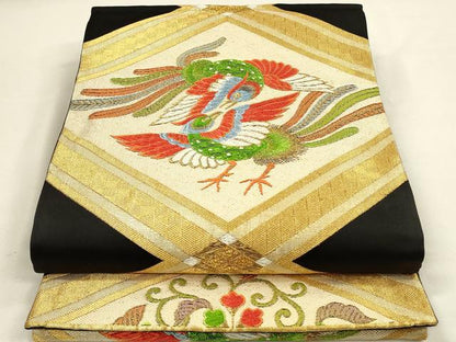 平和屋着物◎六通柄袋帯　唐織　天井鳳凰桐文　黒地　金糸　正絹　逸品　DABJ5960qp