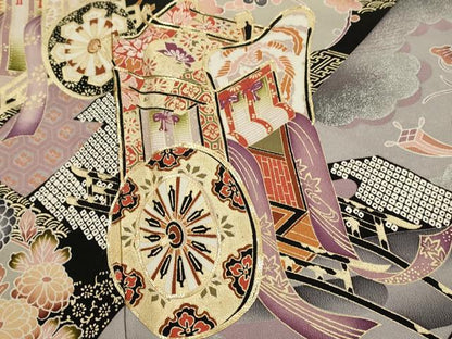 平和屋着物■豪華黒留袖　駒刺繍　御所車花文　金彩　正絹　逸品　DABJ5997qp