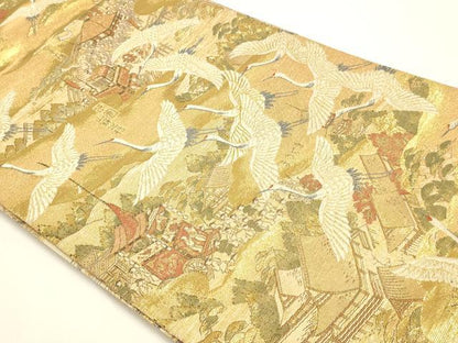 平和屋着物▼両面　全通全景柄袋帯　百鶴京洛絵巻　彩金　正絹　逸品　DABJ6006sf