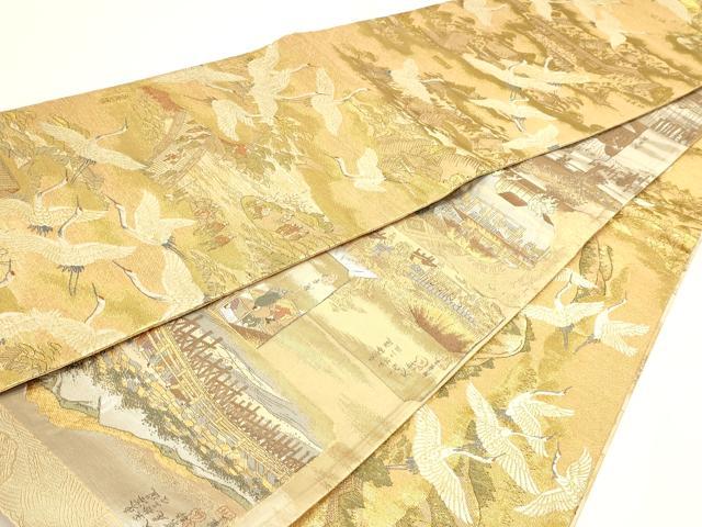 平和屋着物▼両面　全通全景柄袋帯　百鶴京洛絵巻　彩金　正絹　逸品　DABJ6006sf