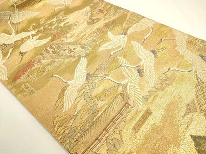 平和屋着物▼両面　全通全景柄袋帯　百鶴京洛絵巻　彩金　正絹　逸品　DABJ6006sf