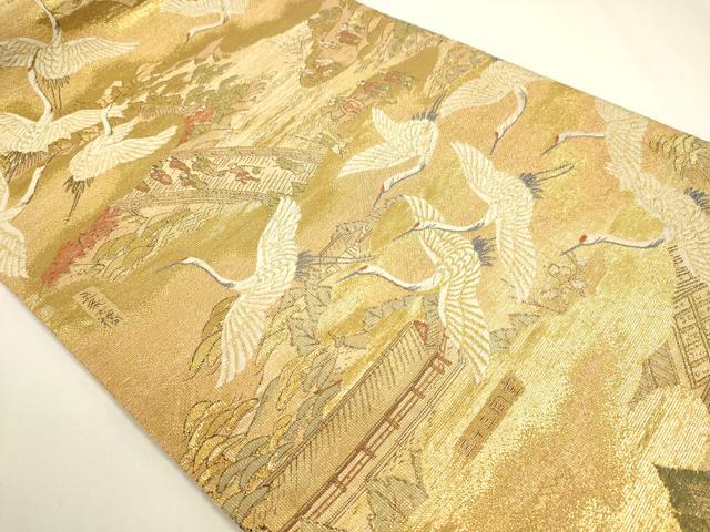 平和屋着物▼両面　全通全景柄袋帯　百鶴京洛絵巻　彩金　正絹　逸品　DABJ6006sf