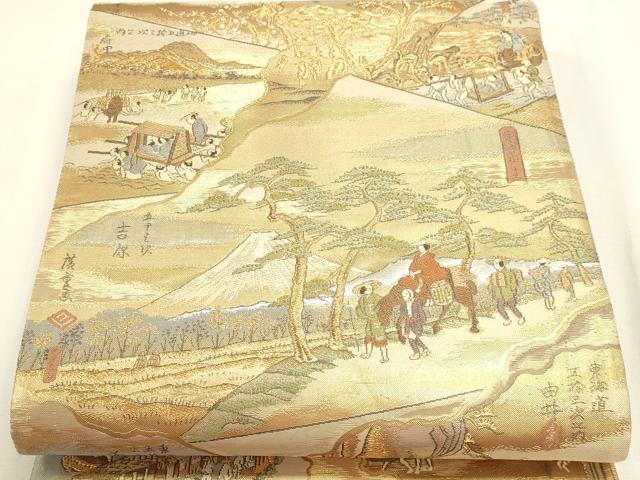 平和屋着物▼両面　全通全景柄袋帯　百鶴京洛絵巻　彩金　正絹　逸品　DABJ6006sf