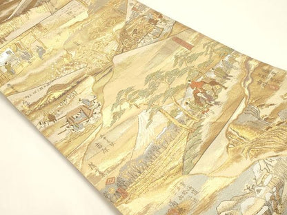 平和屋着物▼両面　全通全景柄袋帯　百鶴京洛絵巻　彩金　正絹　逸品　DABJ6006sf