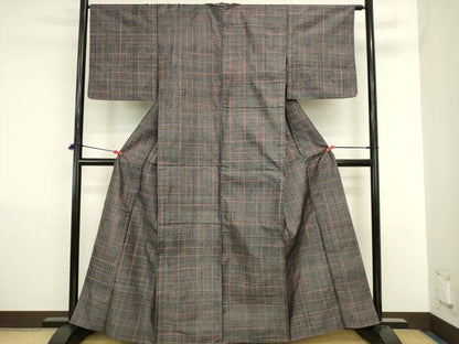 平和屋着物▽上質な紬　単衣　格子　正絹　逸品　DABJ6018sf