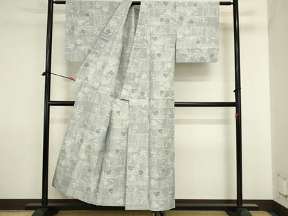 平和屋着物▽上質な紬　単衣　更紗花文　正絹　逸品　DABJ6027sf