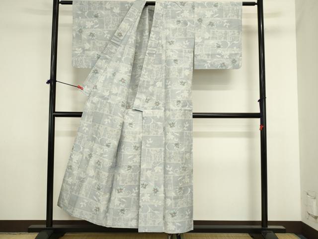平和屋着物▽上質な紬　単衣　更紗花文　正絹　逸品　DABJ6027sf