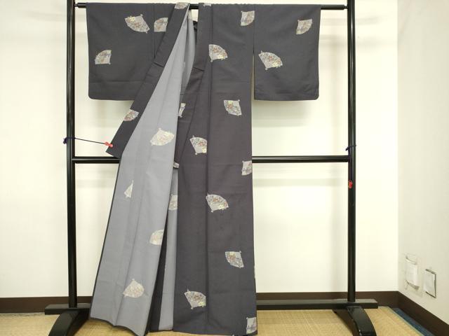 平和屋着物▽小紋　単衣　舞扇花鳥文　洗える着物　DABJ6029sf