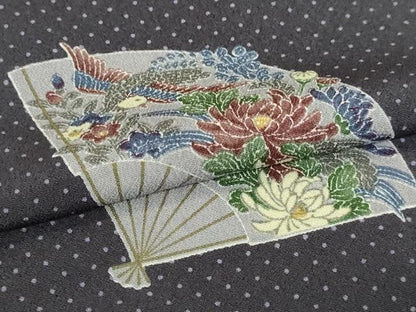 平和屋着物▽小紋　単衣　舞扇花鳥文　洗える着物　DABJ6029sf