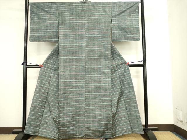 平和屋着物▽上質な紬　単衣　横段文　正絹　逸品　DABJ6038sf
