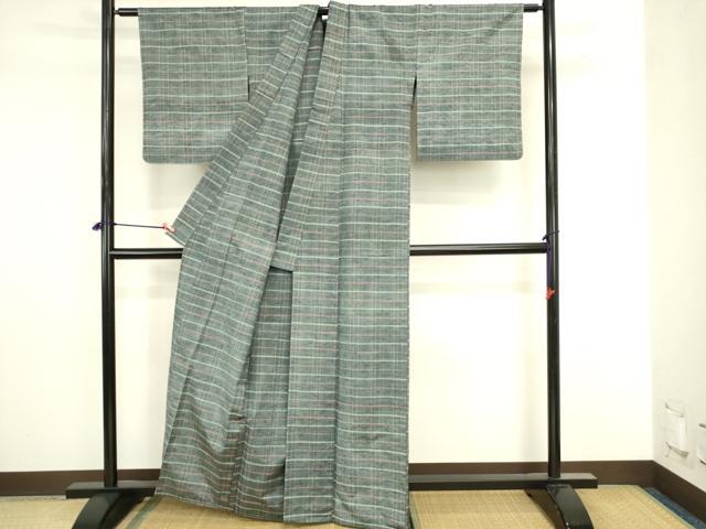 平和屋着物▽上質な紬　単衣　横段文　正絹　逸品　DABJ6038sf