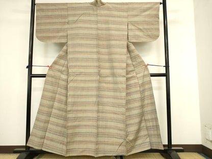 平和屋着物▽上質な紬　単衣　横段文　正絹　逸品　DABJ6039sf