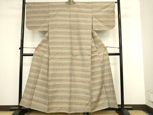平和屋着物▽上質な紬　単衣　横段文　正絹　逸品　DABJ6039sf