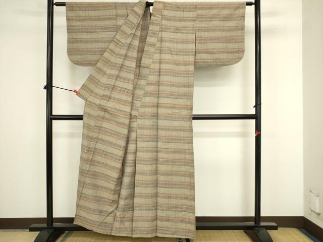 平和屋着物▽上質な紬　単衣　横段文　正絹　逸品　DABJ6039sf