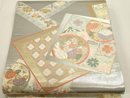 平和屋本店▼六通柄袋帯　色紙吉祥花文　弐拾四金二重箔　正絹　逸品　DABJ6050sf