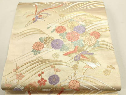 平和屋本店▼六通柄袋帯　唐織　花の波錦箔　純金箔Ｋ24　正絹　逸品　DABJ6051sf