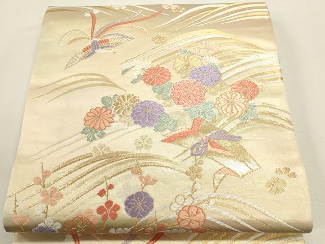 平和屋本店▼六通柄袋帯　唐織　花の波錦箔　純金箔Ｋ24　正絹　逸品　DABJ6051sf