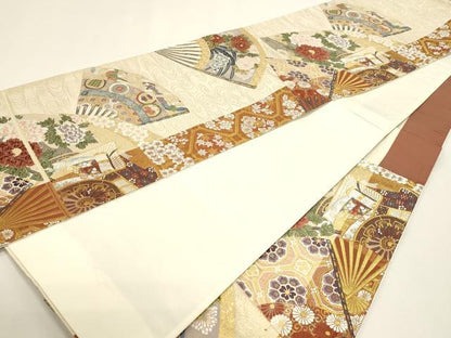 平和屋本店▼六通柄袋帯　唐織　桧扇御所車花文　本金箔　正絹　逸品　DABJ6060sf