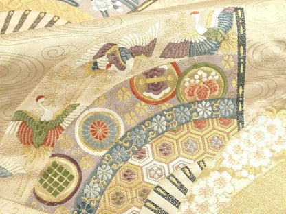 平和屋本店▼六通柄袋帯　唐織　桧扇御所車花文　本金箔　正絹　逸品　DABJ6060sf