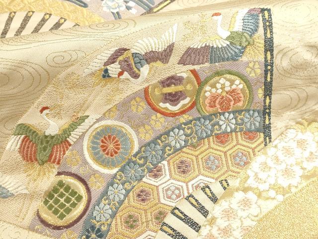 平和屋本店▼六通柄袋帯　唐織　桧扇御所車花文　本金箔　正絹　逸品　DABJ6060sf