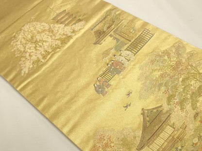 平和屋本店●六通柄袋帯　二条庭園四季絵文　本金箔　金泥箔　正絹　逸品　DABJ6063sf