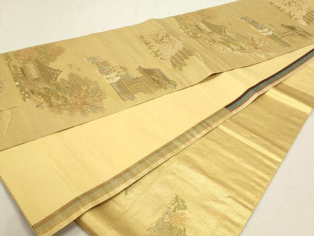 平和屋本店●六通柄袋帯　二条庭園四季絵文　本金箔　金泥箔　正絹　逸品　DABJ6063sf