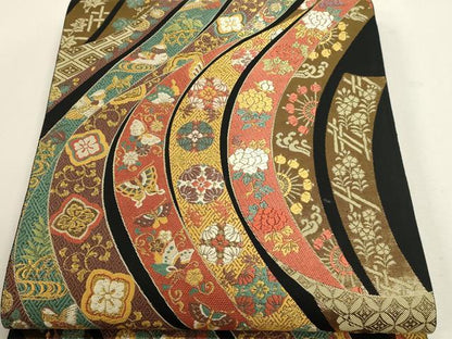 平和屋本店▼六通柄袋帯　唐織　飛鶴花蝶文　黒地　本金箔　正絹　逸品　DABJ6077sf